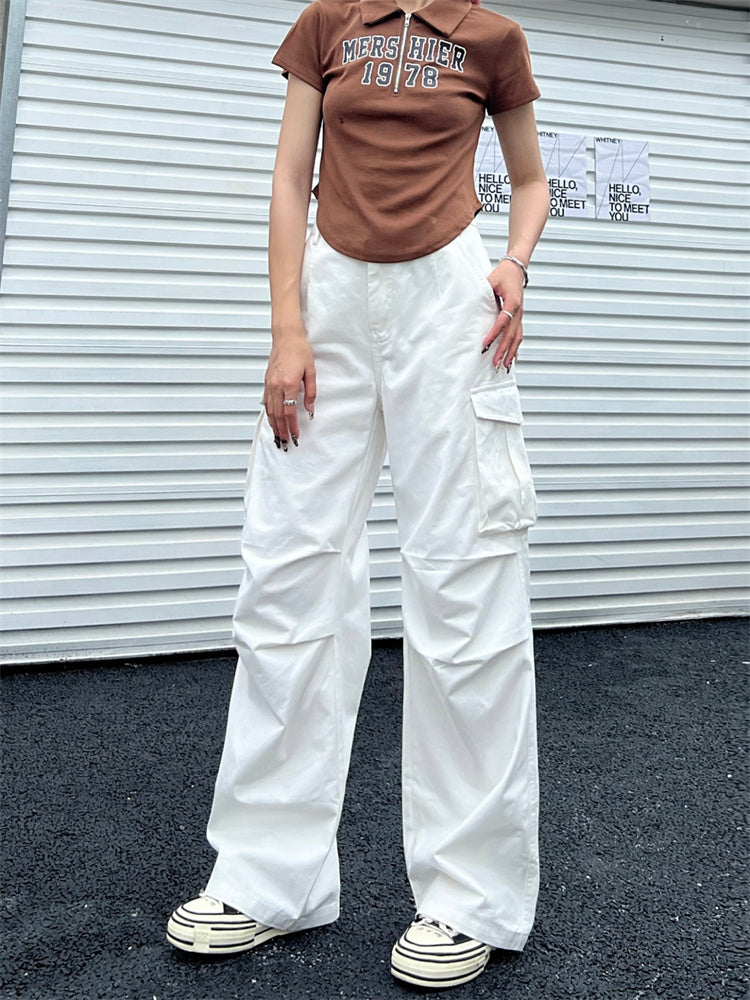 Deeptown Y2K Vintage White Cargo Pants for Women