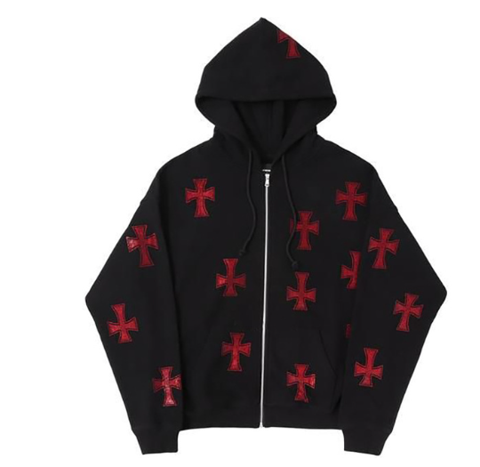 Cross Rhinestone Zip-Up Hoodie