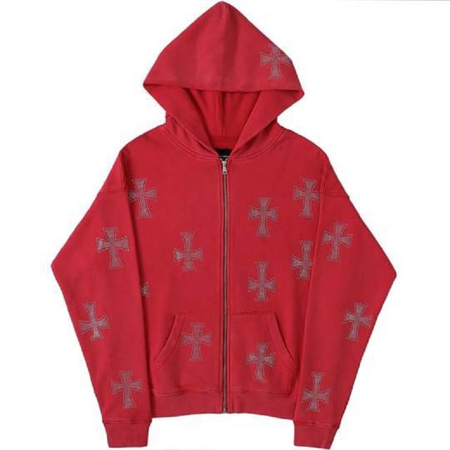 Cross Rhinestone Zip-Up Hoodie