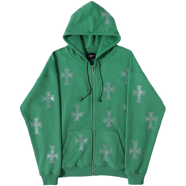 Cross Rhinestone Zip-Up Hoodie
