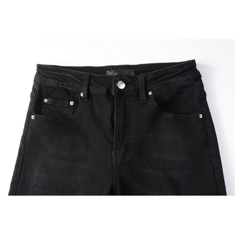 Black Streetwear Slim Fit Angel Pattern Stretch Jeans