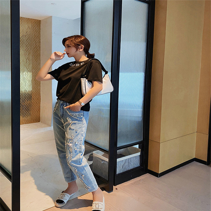 Rhinestone High-Waisted Loose Fit Jeans for Women
