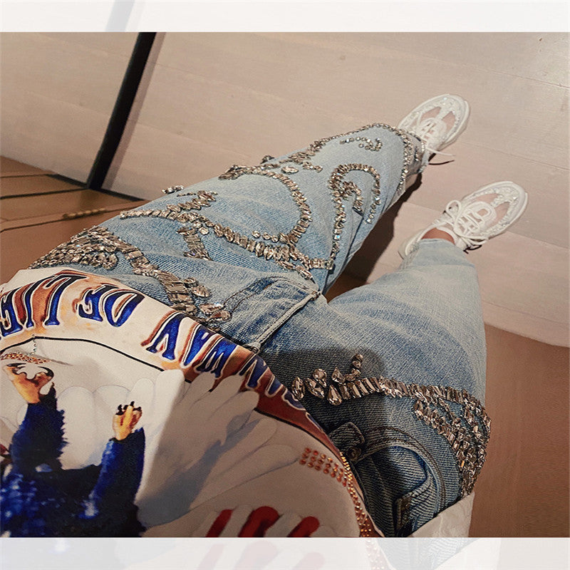 Rhinestone High-Waisted Loose Fit Jeans for Women