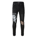 Black Streetwear Slim Fit Angel Pattern Stretch Jeans
