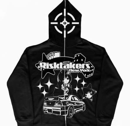 Anime Print Gothic Streetwear Black Zip Hoodie (One Piece)