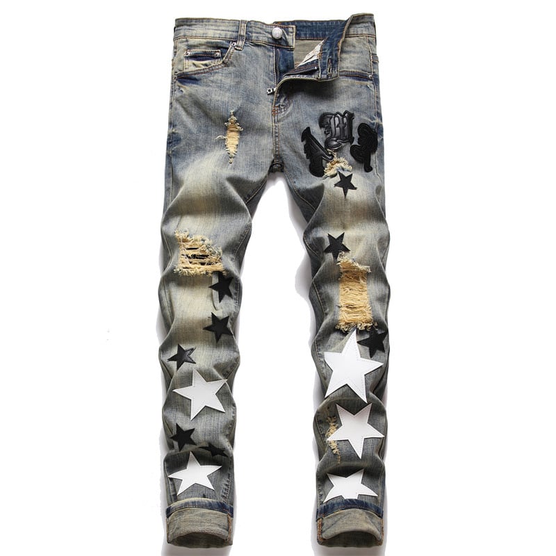 Embroidered Cotton Men's Jeans for Summer Street Wear