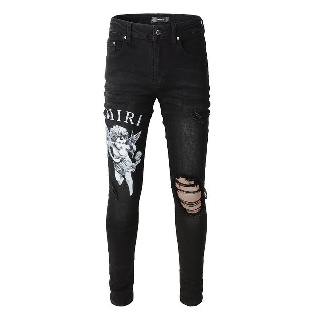 Black Streetwear Slim Fit Angel Pattern Stretch Jeans