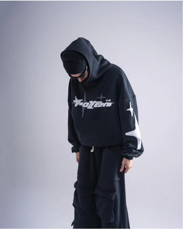Loose-Fit Y2K Star Letter Printed Turtleneck Hoodie