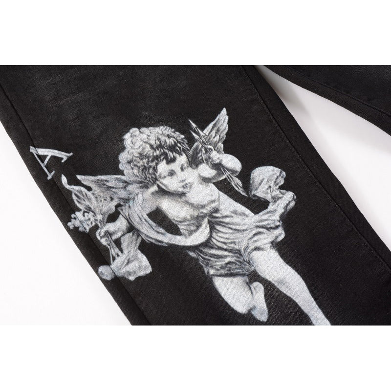 Black Streetwear Slim Fit Angel Pattern Stretch Jeans