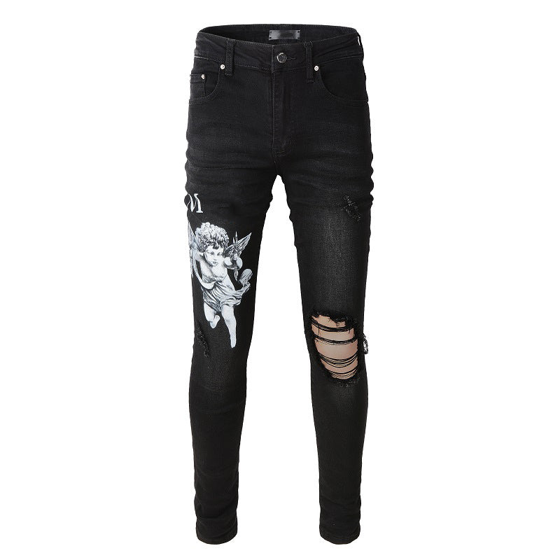 Black Streetwear Slim Fit Angel Pattern Stretch Jeans